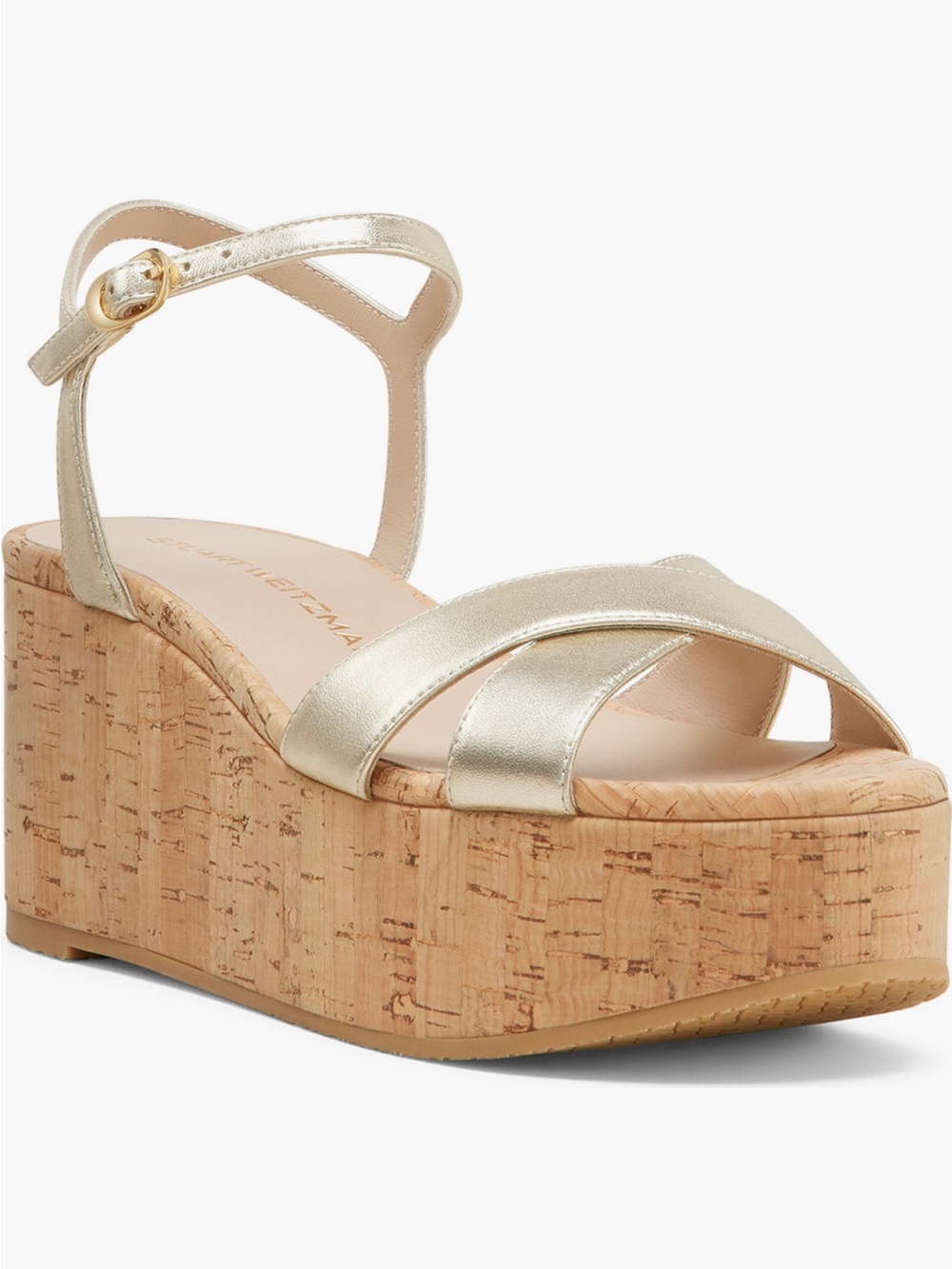 NEW Stuart Weitzman Danya Ankle Strap Platform Wedge Sandal in Light Gold